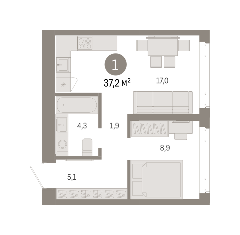 Планировка 1-комн. квартира, 37.2 м² — ЖК «Республики 205»