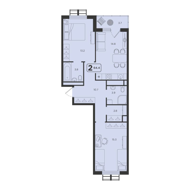 Планировка 2-комн. квартира, 64.4 м² — ЖК «Симфония»