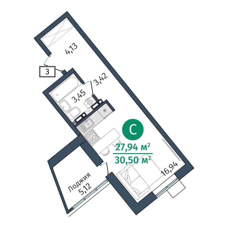 Планировка Студия, 28 м² — ЖК «Гринвуд»