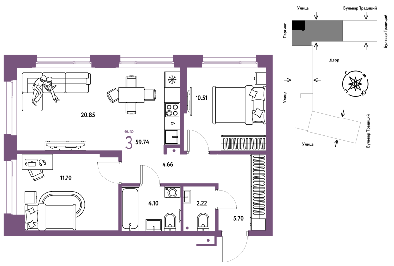 Планировка 3-комн. квартира, 59.7 м² — ЖК «Домашний»