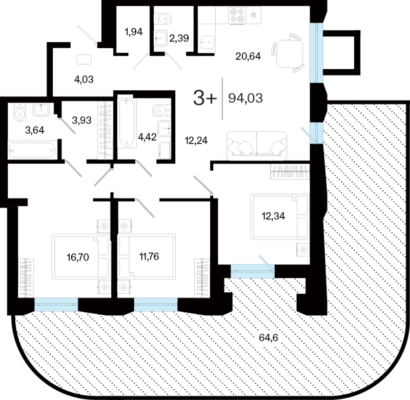 Планировка 3-комн. квартира, 94 м² — ЖК «Кедровый берег»