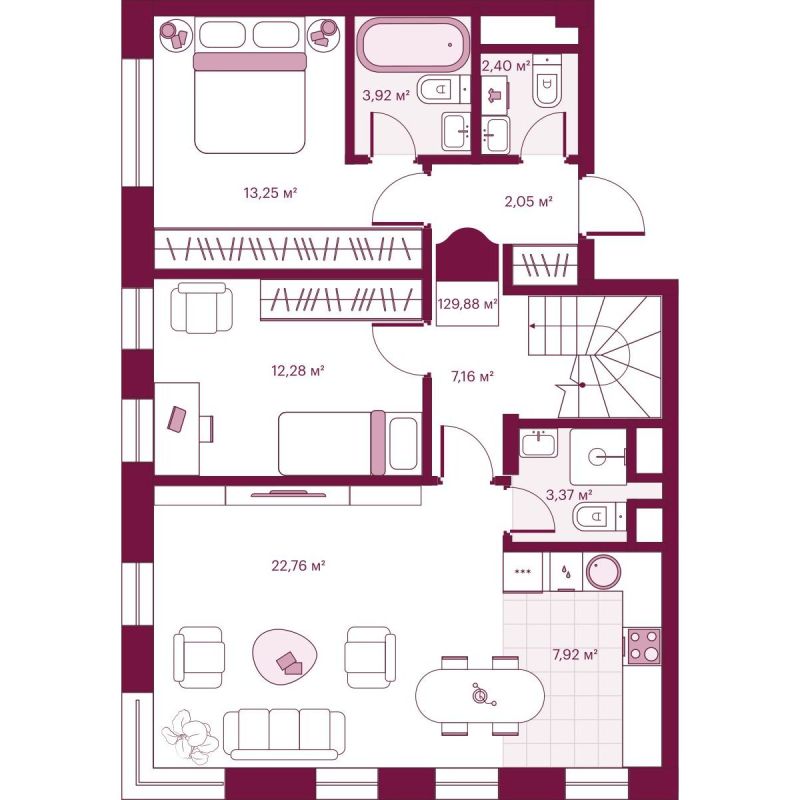 Планировка 2-комн. квартира, 129.9 м² — ЖК «Сикрет Плэйс»