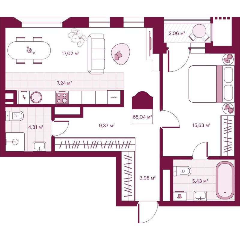 Планировка 2-комн. квартира, 71 м² — ЖК «Сикрет Плэйс»