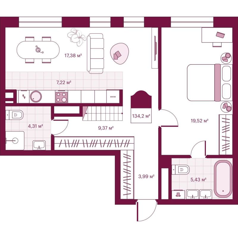 Планировка 2-комн. квартира, 128.3 м² — ЖК «Сикрет Плэйс»