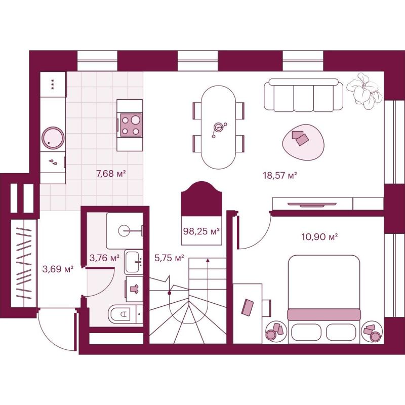 Планировка 1-комн. квартира, 98.2 м² — ЖК «Сикрет Плэйс»