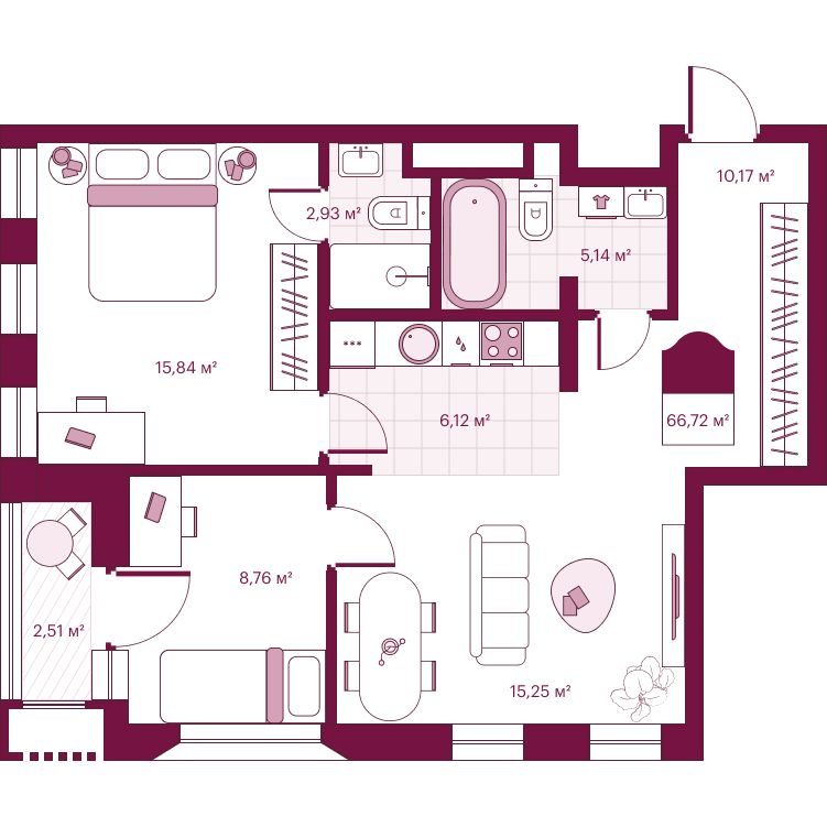 Планировка 2-комн. квартира, 64.2 м² — ЖК «Сикрет Плэйс»