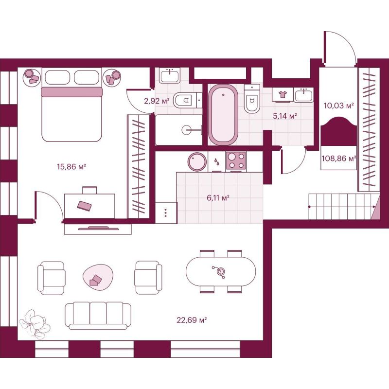 Планировка 1-комн. квартира, 108.9 м² — ЖК «Сикрет Плэйс»