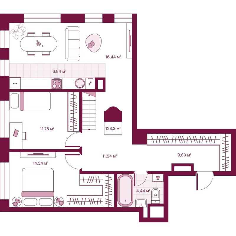 Планировка 1-комн. квартира, 134.2 м² — ЖК «Сикрет Плэйс»