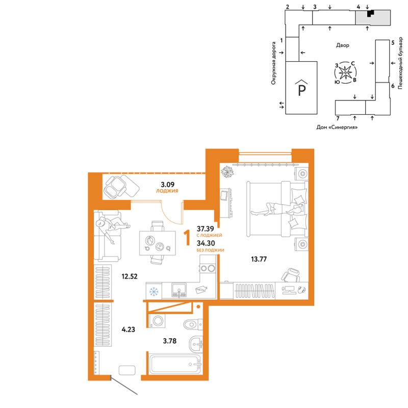 Планировка 1-комн. квартира, 37.4 м² — ЖК «Юнион»