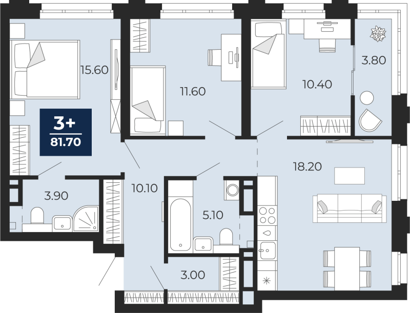 Планировка 3-комн. квартира, 81.7 м² — ЖК «Айвазовский»