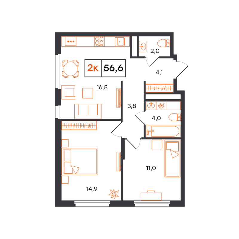 Планировка 2-комн. квартира, 56.6 м² — ЖК «Отличие»