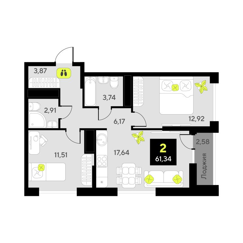 Планировка 2-комн. квартира, 61.3 м² — ЖК «Окинава»