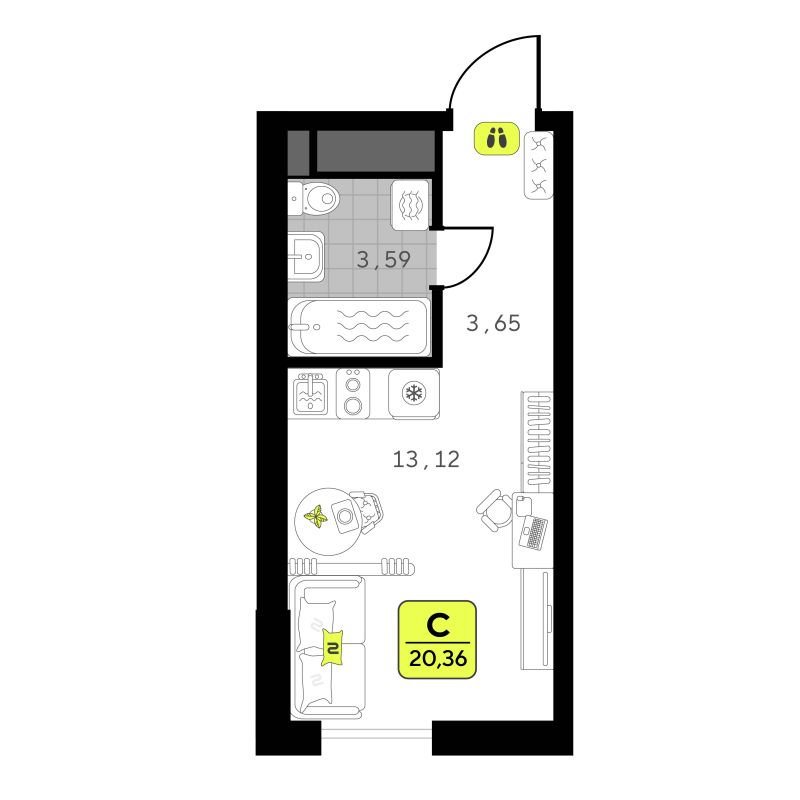Планировка Студия, 20.4 м² — ЖК «Мотивы»