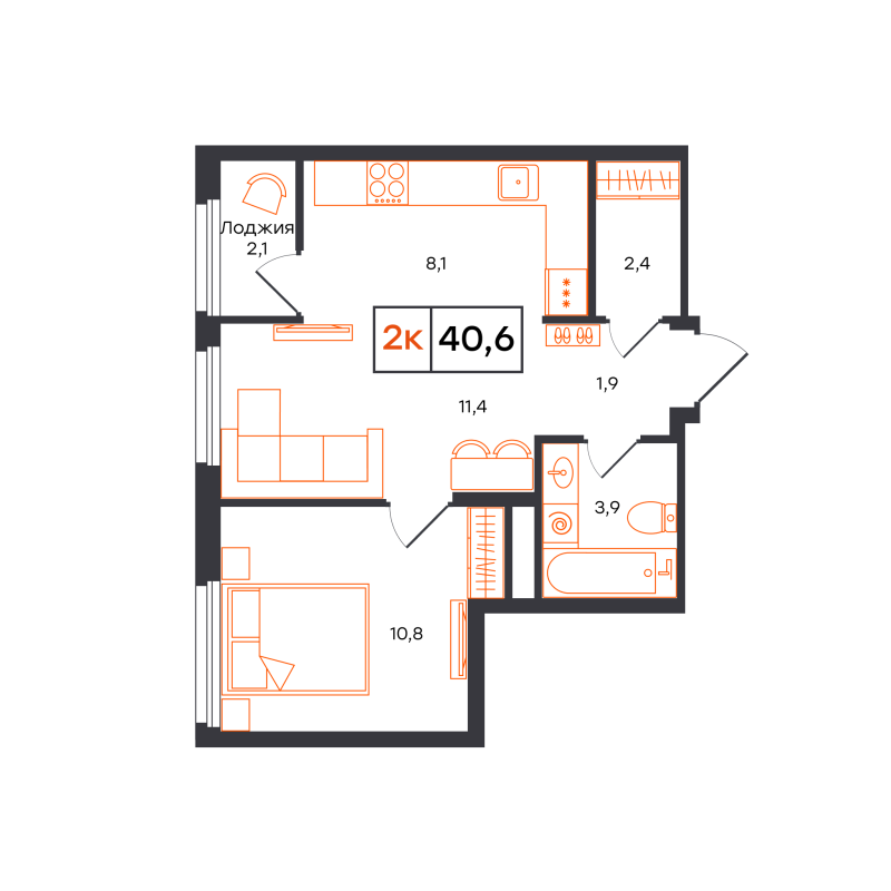 Планировка 2-комн. квартира, 40.6 м² — ЖК «Отличие»