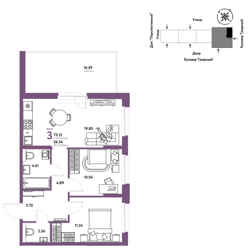 Планировка 3-комн. квартира, 73.1 м² — ЖК «Домашний»