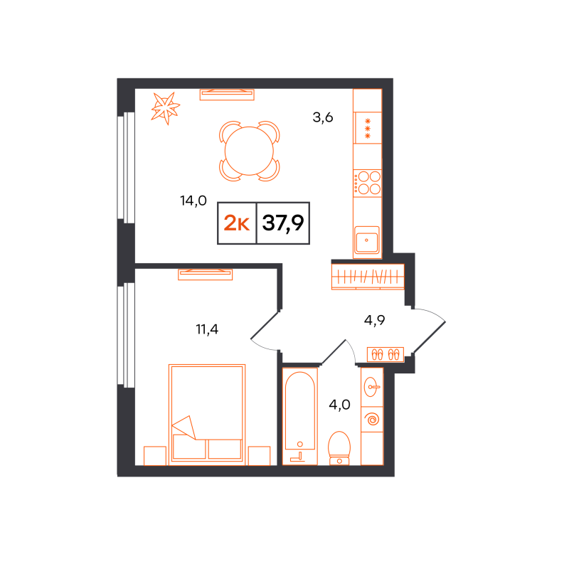 Планировка 2-комн. квартира, 37.9 м² — ЖК «Отличие»