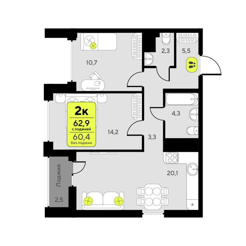 Планировка 2-комн. квартира, 60.4 м² — ЖК «Дивный квартал у озера»