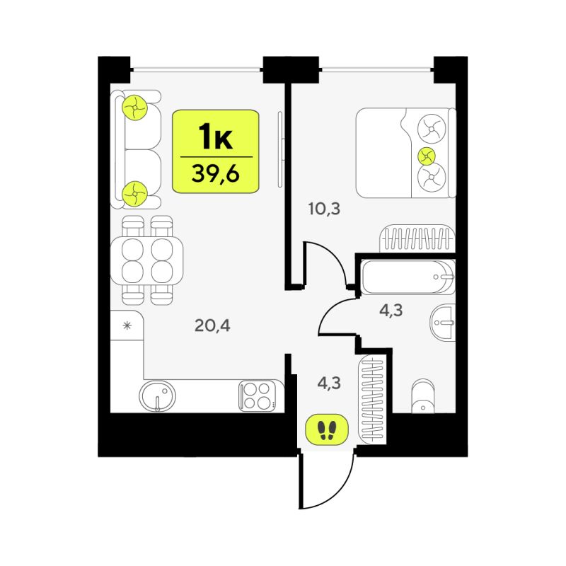 Планировка 1-комн. квартира, 39.6 м² — ЖК «Дивный квартал у озера»