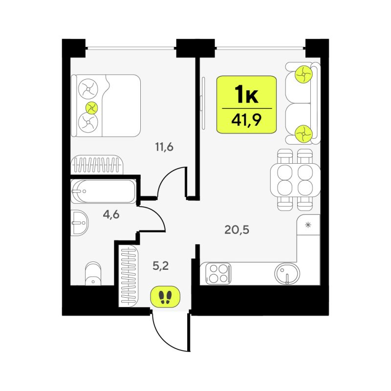 Планировка 1-комн. квартира, 41.9 м² — ЖК «Дивный квартал у озера»
