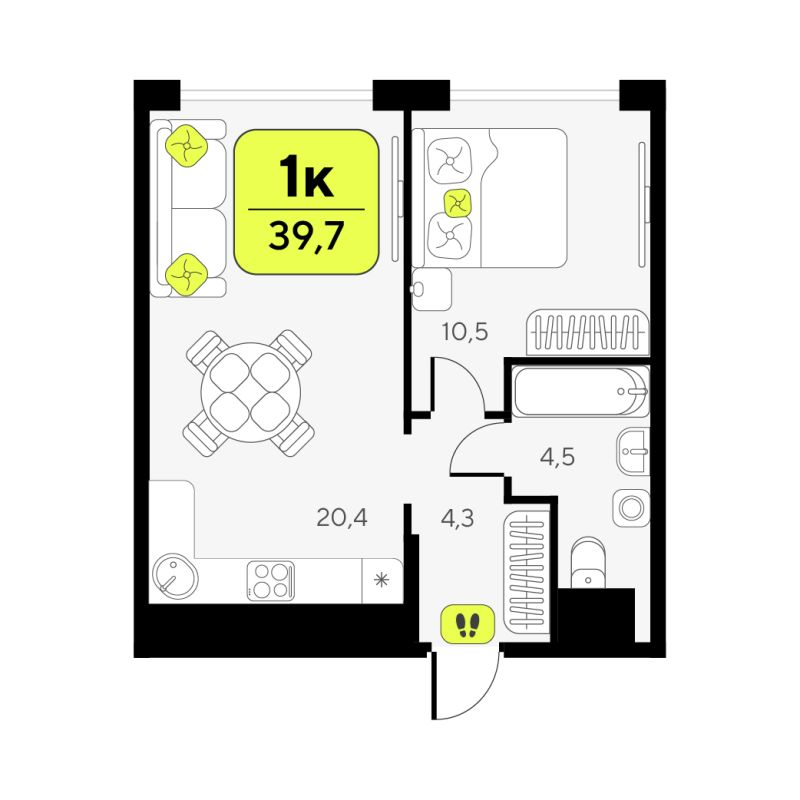 Планировка 1-комн. квартира, 39.7 м² — ЖК «Дивный квартал у озера»