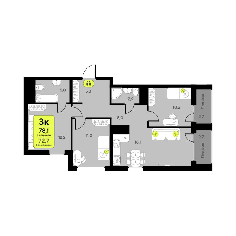 Планировка 3-комн. квартира, 72.7 м² — ЖК «Дивный квартал у озера»