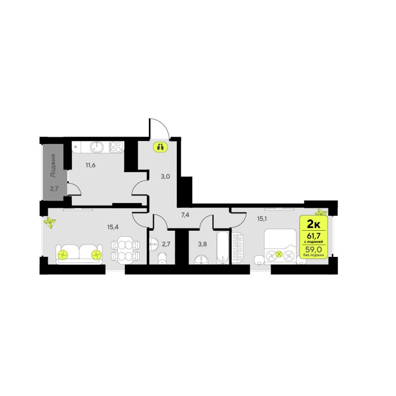 Планировка 2-комн. квартира, 59 м² — ЖК «Дивный квартал у озера»