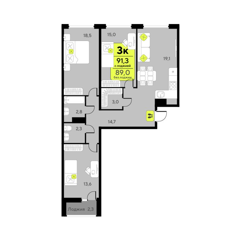 Планировка 3-комн. квартира, 89 м² — ЖК «Дивный квартал у озера»