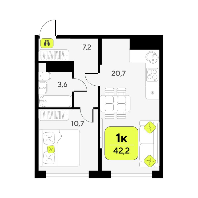 Планировка 1-комн. квартира, 42.2 м² — ЖК «Дивный квартал у озера»