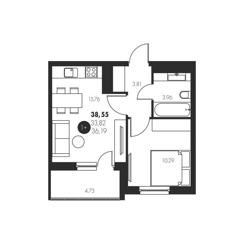 Планировка 1-комн. квартира, 38.5 м² — ЖК «Новый»