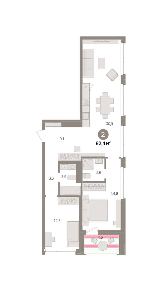 Планировка 2-комн. квартира, 82.4 м² — ЖК «Дом у озера»