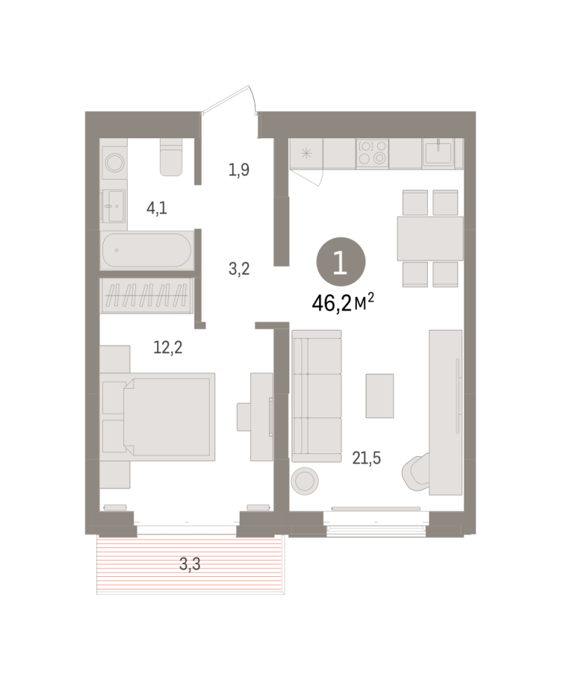 Планировка 1-комн. квартира, 46.2 м² — ЖК «Кварталы «На Минской»»
