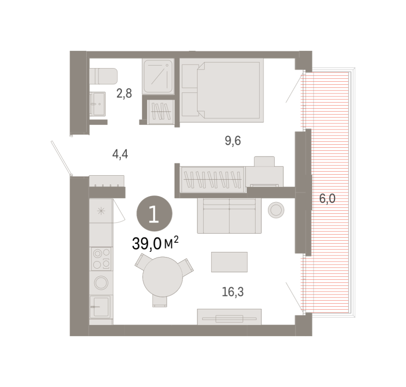 Планировка 1-комн. квартира, 39 м² — ЖК «Республики 205»