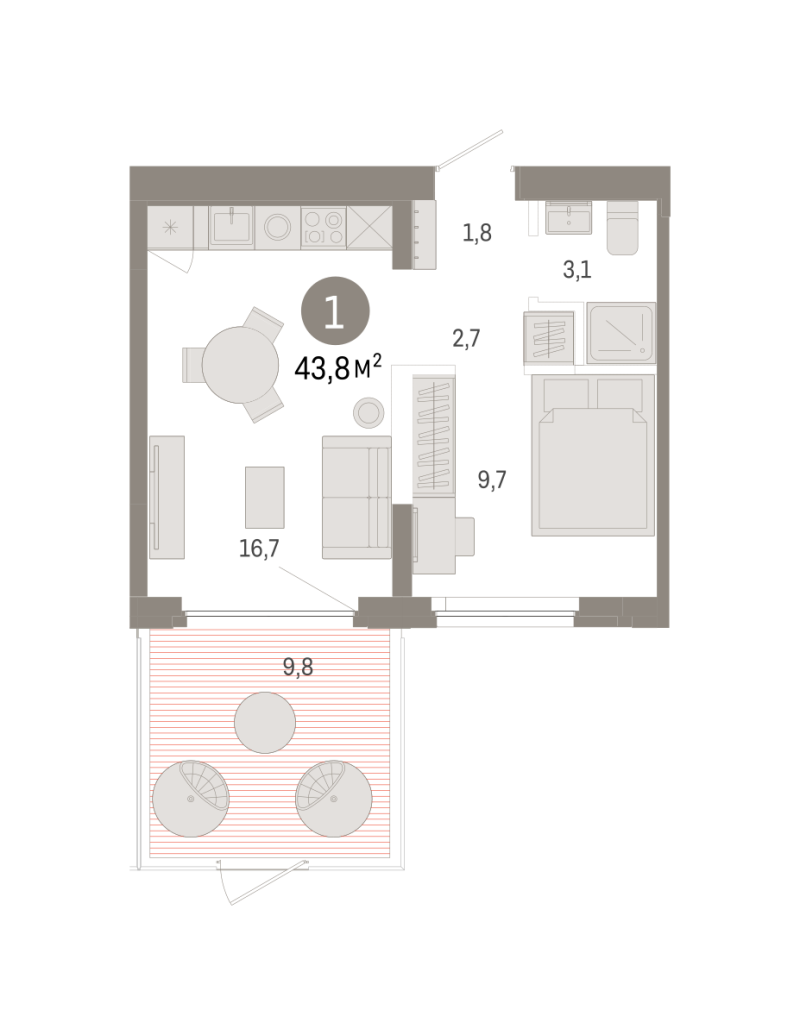 Планировка 1-комн. квартира, 43.8 м² — ЖК «Зарека»
