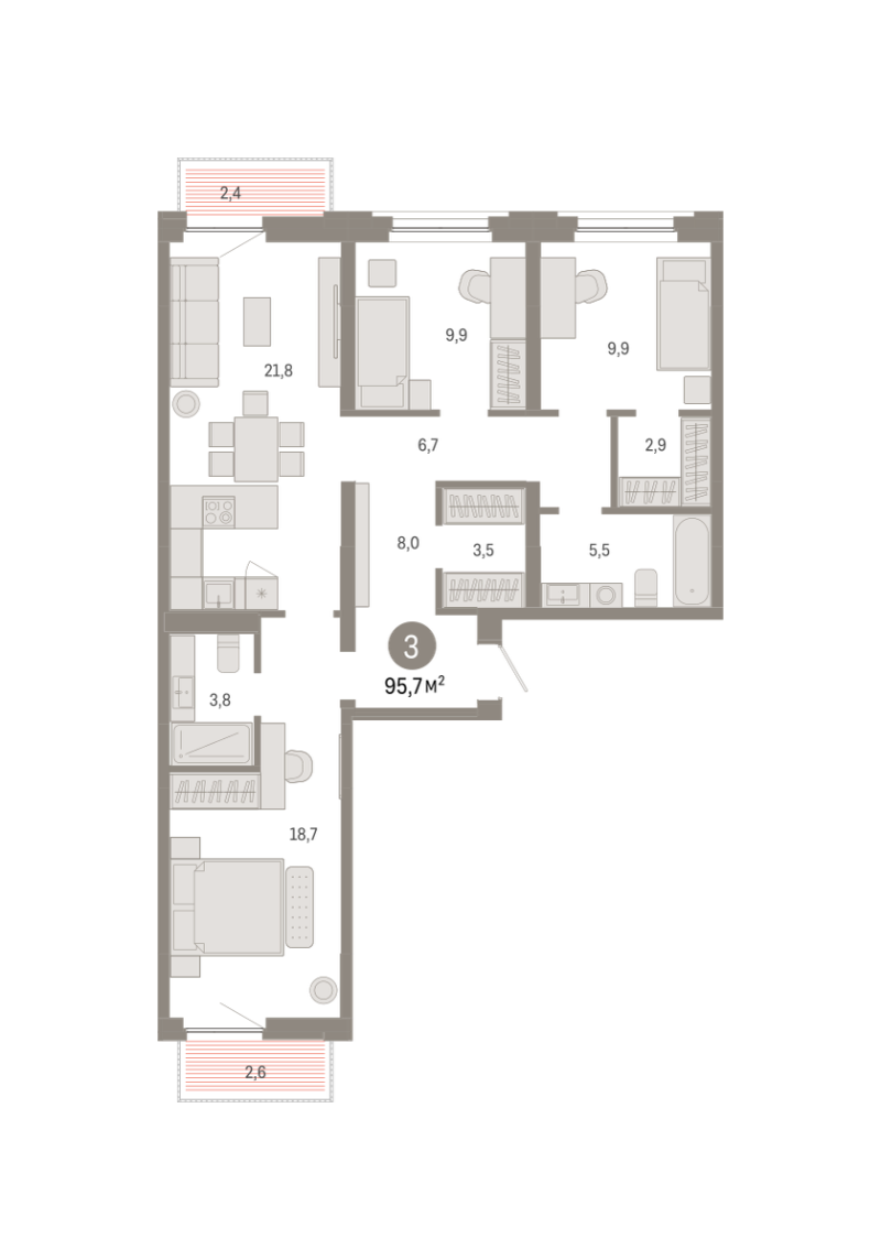 Планировка 3-комн. квартира, 95.7 м² — ЖК «Зарека»