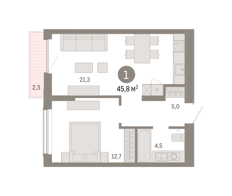 Планировка 1-комн. квартира, 45.8 м² — ЖК «Октябрьский на Туре»