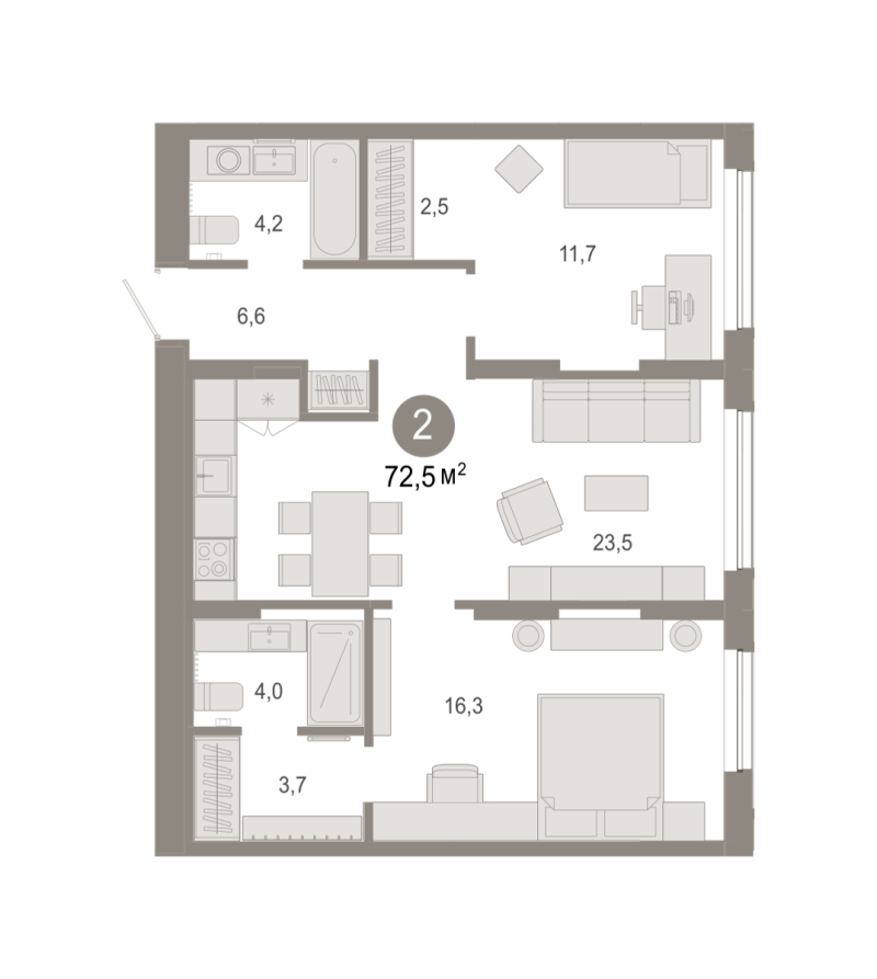 Планировка 2-комн. квартира, 72.5 м² — ЖК «Октябрьский на Туре»