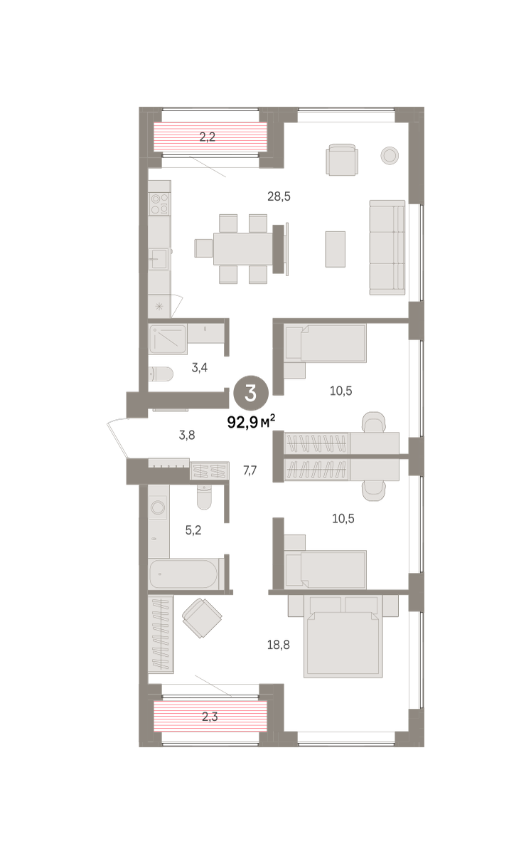 Планировка 3-комн. квартира, 92.9 м² — ЖК «Речной порт»
