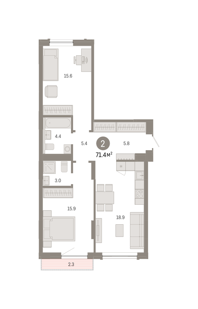 Планировка 2-комн. квартира, 71.4 м² — ЖК «Октябрьский на Туре»