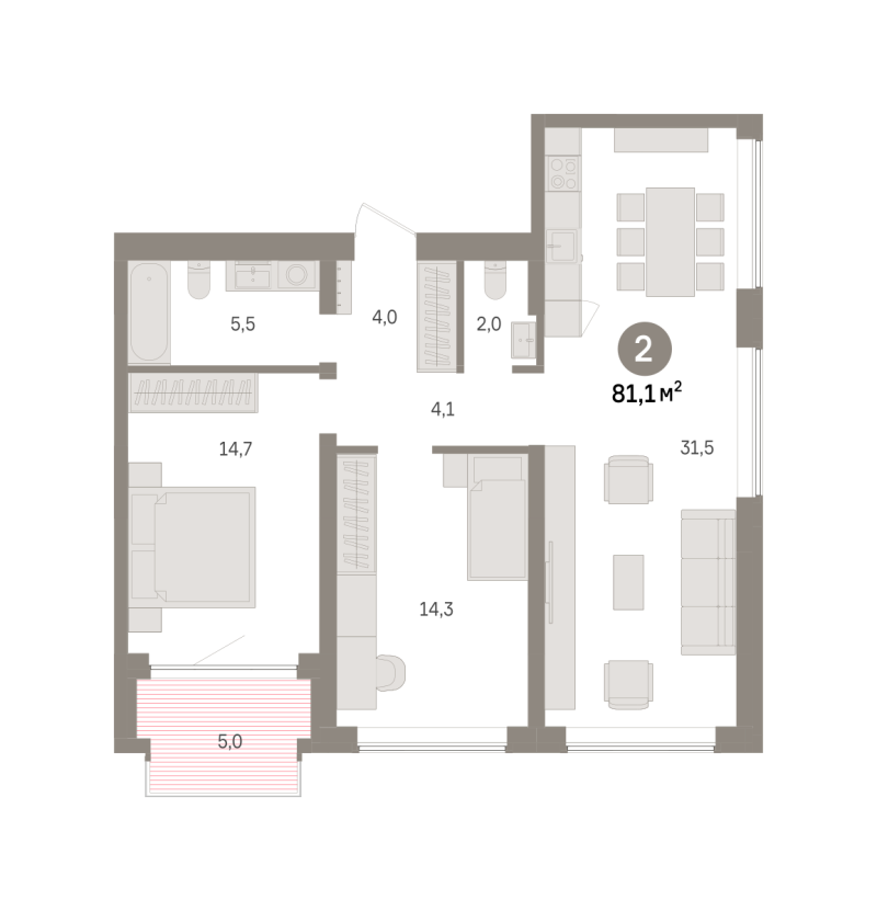 Планировка 2-комн. квартира, 81.1 м² — ЖК «Речной порт»