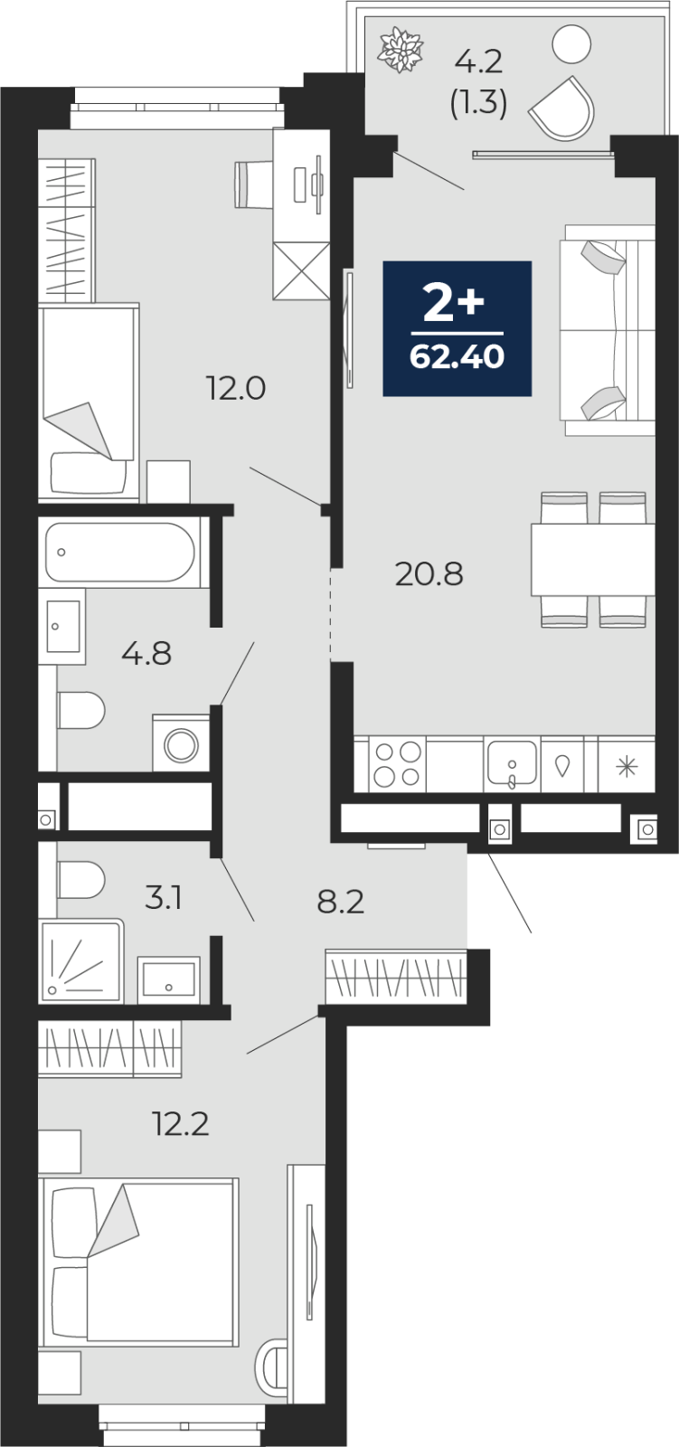 Планировка 2-комн. квартира, 65.3 м² — ЖК «Мириады»