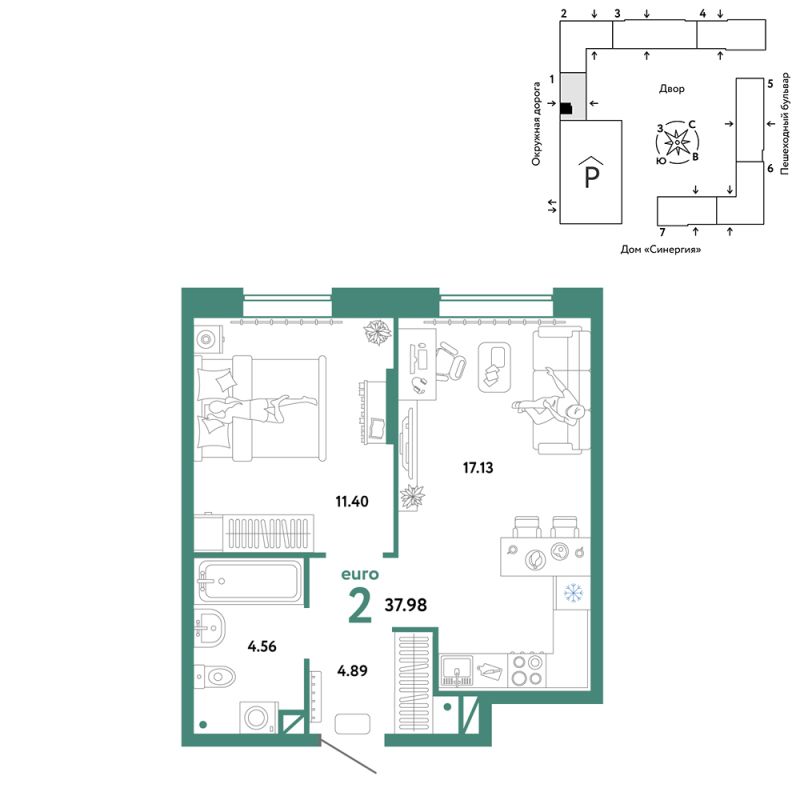 Планировка 2-комн. квартира, 38 м² — ЖК «Юнион»