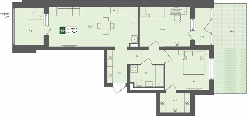 Планировка 2-комн. квартира, 99.3 м² — ЖК «Ритмы»