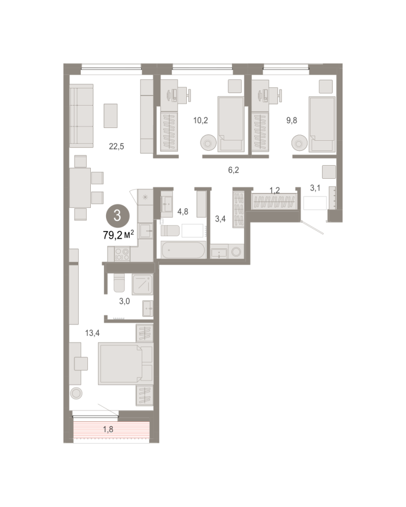 Планировка 3-комн. квартира, 79.2 м² — ЖК «Октябрьский на Туре»