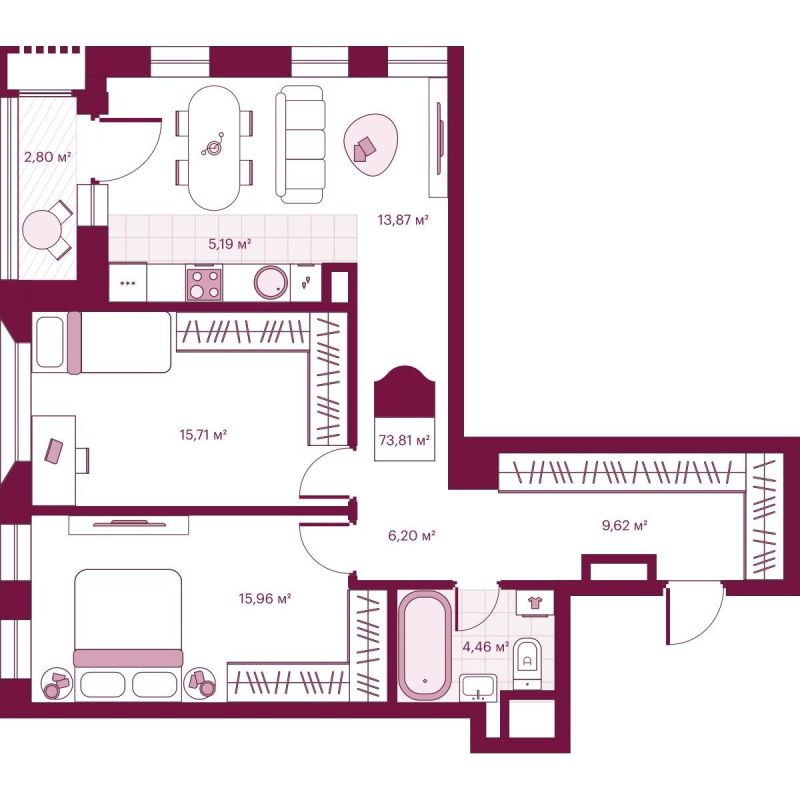 Планировка 2-комн. квартира, 73.8 м² — ЖК «Сикрет Плэйс»