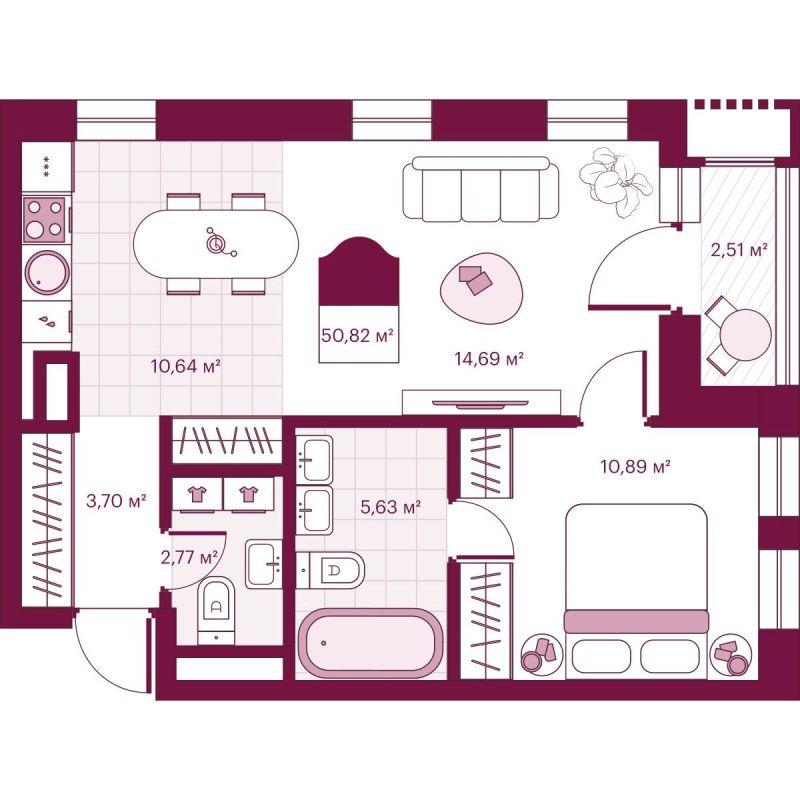 Планировка 1-комн. квартира, 50.8 м² — ЖК «Сикрет Плэйс»