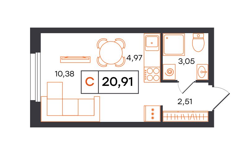 Планировка Студия, 20.9 м² — ЖК «Фатера»