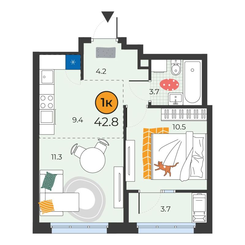 Планировка 1-комн. квартира, 42.8 м² — ЖК «Корней»