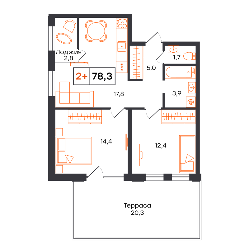 Планировка 2-комн. квартира, 78.3 м² — ЖК «УНО. Умный квартал»
