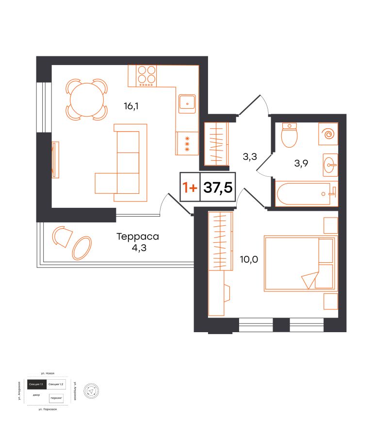 Планировка 1-комн. квартира, 37.5 м² — ЖК «УНО. Умный квартал»