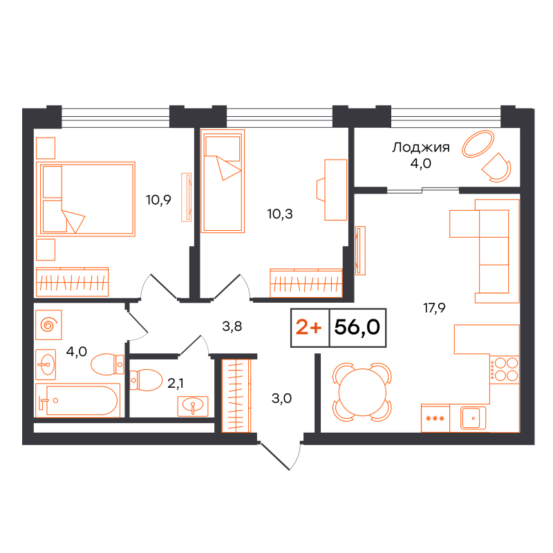 Планировка 2-комн. квартира, 56 м² — ЖК «УНО. Умный квартал»
